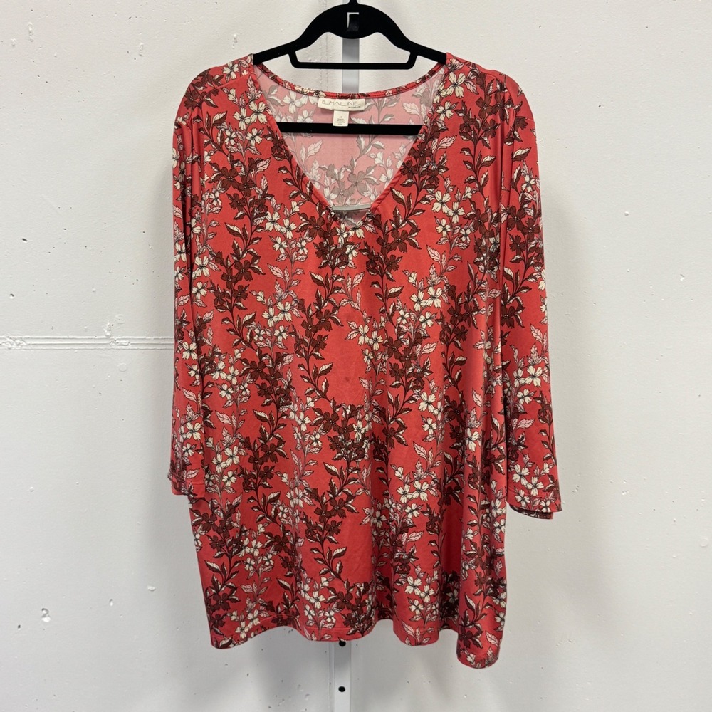 Emaline Floral V-Neck Keyhole 3/4 Sleeve Top Blouse Terracotta Red Plus Size 2X